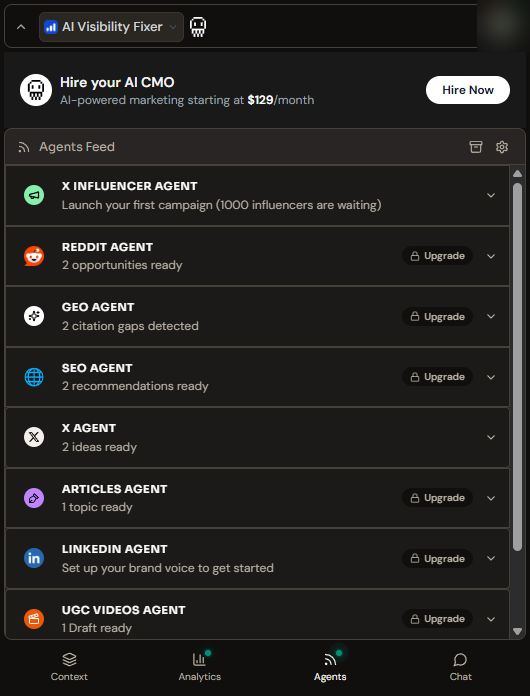 Okara's Agents Feed listing Reddit, GEO, SEO, X, Articles, LinkedIn and UGC agents, each with a short status line and most with an Upgrade button.