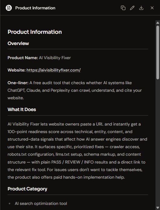 Okara's generated Product Information document for AI Visibility Fixer, showing product name, website, one-liner and a 'What It Does' summary.