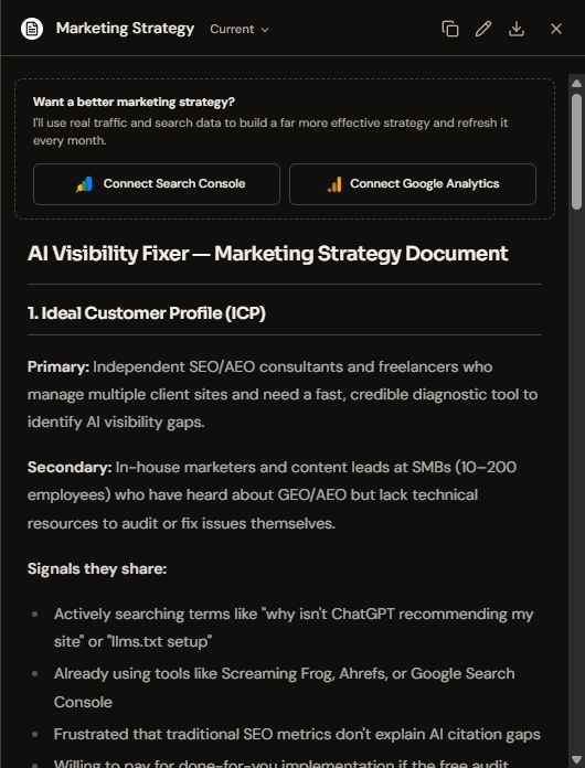 Okara's Marketing Strategy document showing a primary and secondary Ideal Customer Profile and a list of shared buyer signals, with 'Connect Search Console' and 'Connect Google Analytics' prompts at the top.