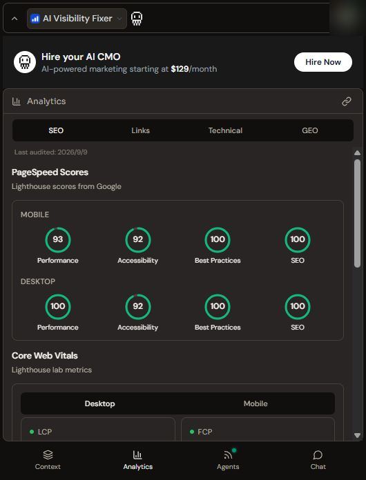 Okara's SEO Analytics tab showing mobile and desktop PageSpeed score rings and the start of a Core Web Vitals panel.