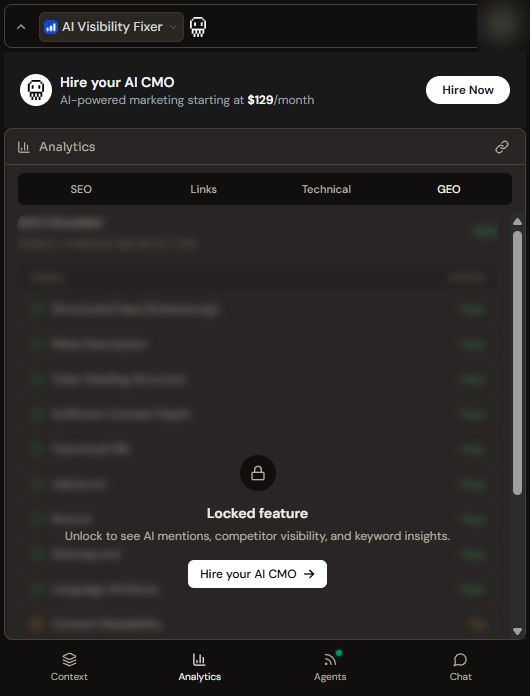 Okara's GEO tab with most rows greyed out behind a 'Locked feature' overlay reading 'Unlock to see AI mentions, competitor visibility, and keyword insights.'