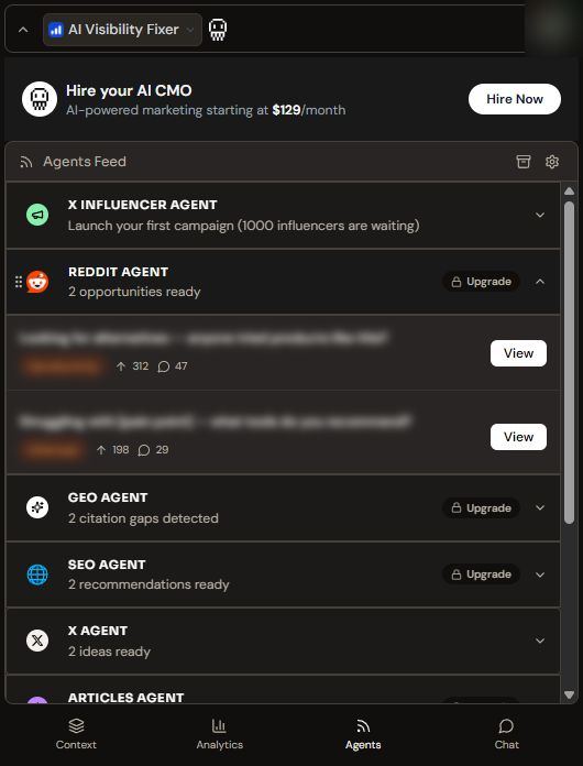 The Reddit agent expanded to show two thread rows with upvote and comment counts partly blurred, each with a View button.