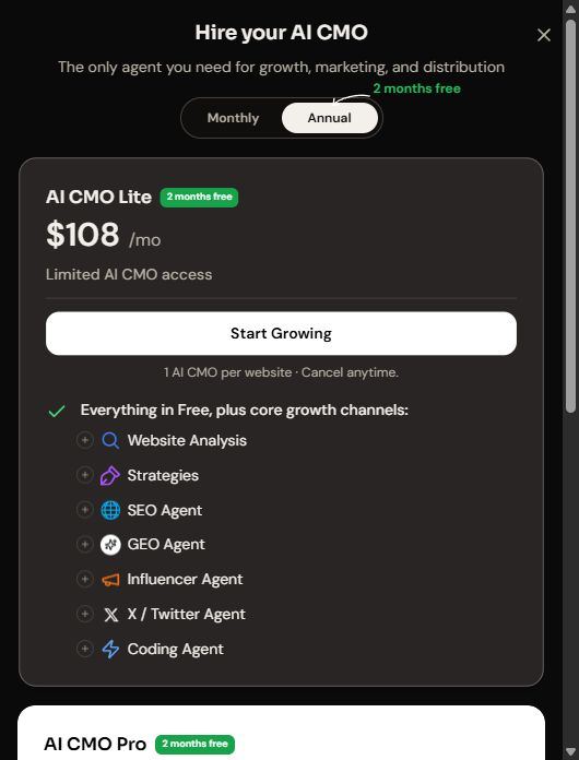 Okara's 'Hire your AI CMO' pricing dialog with a Monthly/Annual toggle, AI CMO Lite at $108/mo on annual billing, and a feature list.